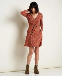 Cue Wrap Long Sleeve Dress -Toad&Co Shop T1771702 Cinnamon Seedpod Print 5